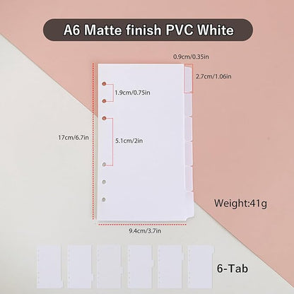 DY.2ten White Dividers for 6 Ring Binder, 6-Tab Sturdy Plastic Dividers, A6 Index Divider, 6 Hole Binder Dividers, Insertable Notebook Planner Tab Dividers for Binders