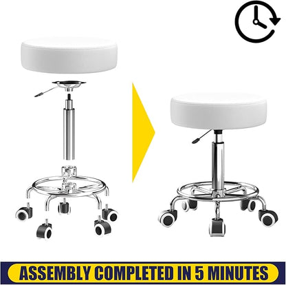 Rolling Stool, Heavy Weight Capacity 250lb, PU Leather Rolling stools, Ultra Soft Padded Seat, Rolling Stools with Wheels and Footrest, 360° Swivel, Spa Drawing Salon Work Office Tattoo Stool (white)