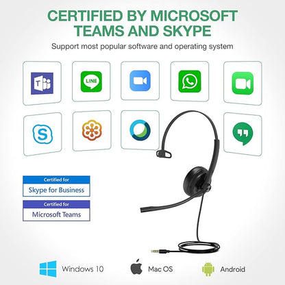 Yealink UH34 Wired Headset with Mic, 3.5mm Mono Headphones Noise Canceling Microphones,Teams Certified Work Office Headset for Computer PC Mac Laptop Tablet Smartphone