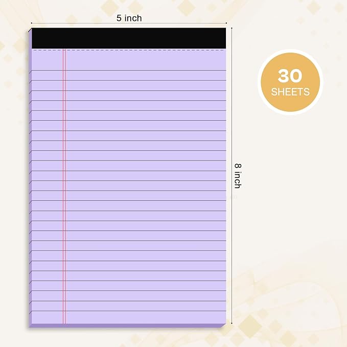 4 Pack Note Pads 5 x 8 Inch Purple Small Legal Pads 5 x 8 Colored Notepad 5 x 8 Perforated Writing Pads Lined Paper Pads College Ruled Pad Paper 30 Sheets Notebook for Study, To-Do Lists, Office