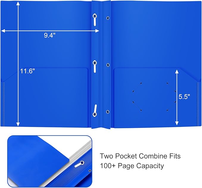 Heavy Duty Plastic Folder, 60 Pack, Pocket Folder with brads, Letter Size Poly File, Plastic Folders with 3 Prongs Fasteners - Blue