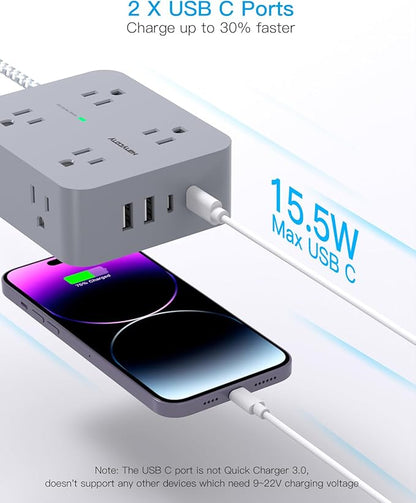 Surge Protector Power Strip 15 Ft Long Cord, 8 Outlets 4 USB Ports(2 USB C), Flat Plug, Desk Charging Station for Home Office College Dorm Room Essentials
