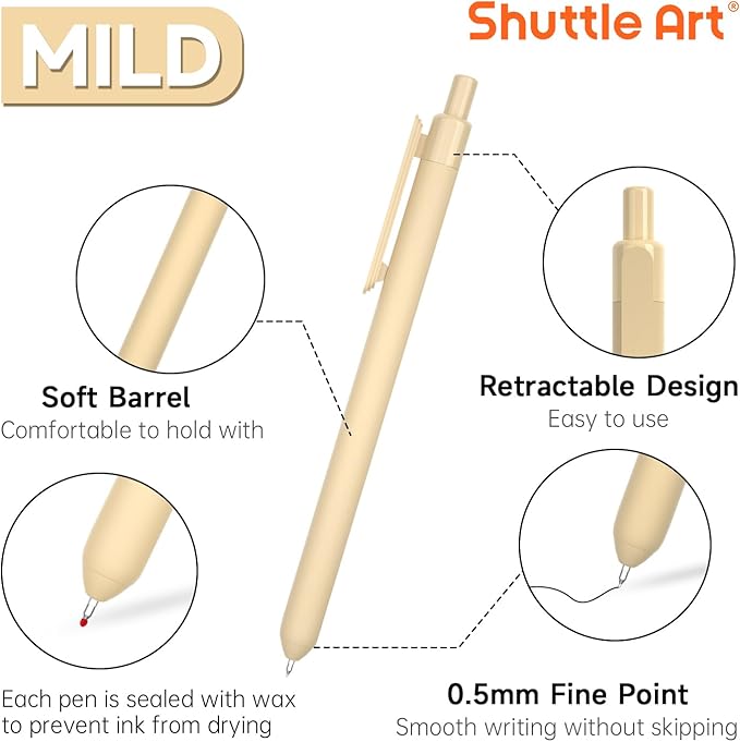 Shuttle Art Retractable Mild Gel Ink Pens, 22 Pack Black Ink Pens, Cute Pens 0.5mm Fine Point Soft Barrel for Writing Journaling Taking Notes School Office Home