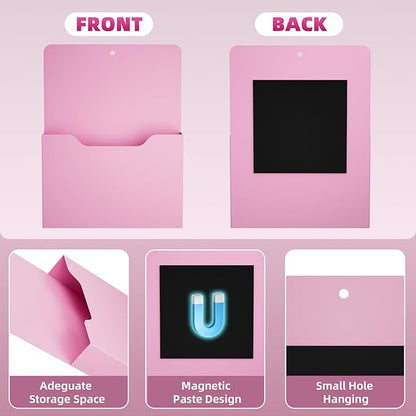 2 Pack Magnetic File Holder - Paper Holder, Pocket Organizer,Hanging Wall File Organizer Office Supplies Storage, Magazine Mail Organizer Case for Notebooks,Planners,Letter (Pink)