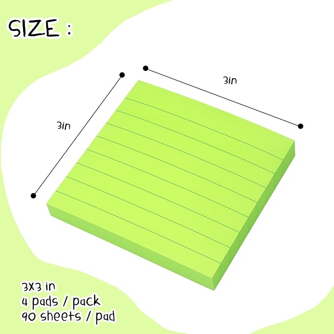 Lined Sticky Notes 3x3 Sticky Notes with Lines Self-Stick Notes Bright Color 4 Pads 90 Sheets/Pad (Green)