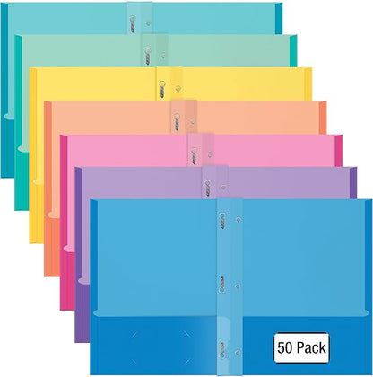 2 Pocket Folders, Assorted 7 Vibrant Colors with Complementing Interior Colors, Fits Letter Size Paper, for School, Office, Home (with Prongs, 50)