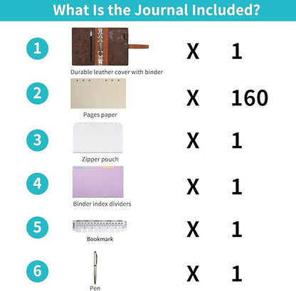 Wonderpool Leather Journal Refillable Binder A6 Writing Notebook Folder Organiser with Dotted Paper & Multi Pockets Cover for Business School Travel (A6, Brown)