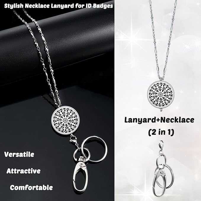 Lanyards for ID Badges - Lanyards for Women - Teacher Lanyard Strong Stainless Steel Badge Necklace Lanyard Keychain Nurse Gifts Fashion Office Work Jewelry Silver Chain ID Badge Holder with Lanyard