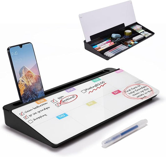 TSJ OFFICE Whiteboard Weekly Dry-Erase-Board - Desktop White Board Calendar Desk Organizers with Accessories Computer Keyboard Stand with Drawer, for Office, Home, School Supplies