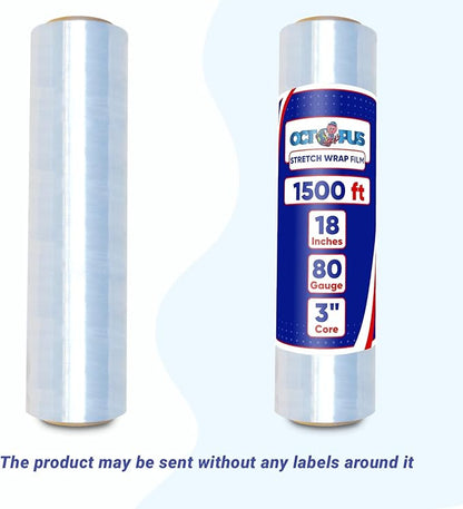 OCTOPUS Stretch Wrap, Industrial Strength 4 Roll Clear, 18” x 1500 feet, 80 Gauge (20 Micron), Heavy Duty Plastic Shrink Film for Packing, Wrapping, Bundling, Shipping, Pallets, and Moving Essentials