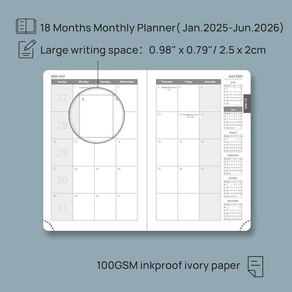 POPRUN Pocket Monthly Planner 2025-2026 (Pocket- 4''x 6.25''Soft Leather Cover) - 18 Month Calendar Book for Purse (January 2025-June 2026), 100 GSM Thick Paper - Pink