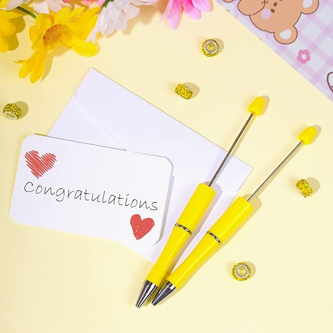 jiebor 30Pcs Yellow Beadable Pens Plastic Bead Pen Black Ink Ballpoint Pens Diy Pens Cute Cool Pens for Teacher Bridal Graduation Gift Office Supplies