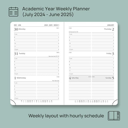 POPRUN Pocket Planner 2024-2025, [Pocket 4''x 6.25'' Hard Cover] Academic Year Calendar Daily Weekly and Monthly (July 24-June 25) with Hourly Time Slots, 100 GSM Paper - Black