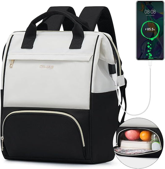 OIWAS Lunch Backpack for Women, 15.6 inch Laptop Backpack Insulated with USB Port, Work Backpack with Insulated Cooler Lunch Bag for Men Travel Work Travel Picnics Hiking, Beige Black