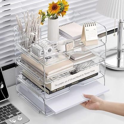 JOSUCLEN Paper Organizer, Acrylic Desk Organizer and Storage Office, Set of 4 File Organizer for Desk, Stackable Paper Tray