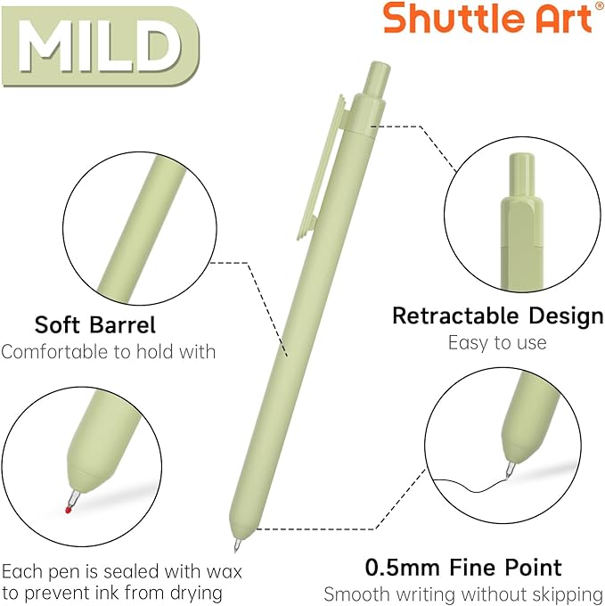 Shuttle Art Retractable Mild Gel Ink Pens, 11 Pack Black Ink Pens, Cute Pens 0.5mm Fine Point Soft Barrel for Writing Journaling Taking Notes School Office Home