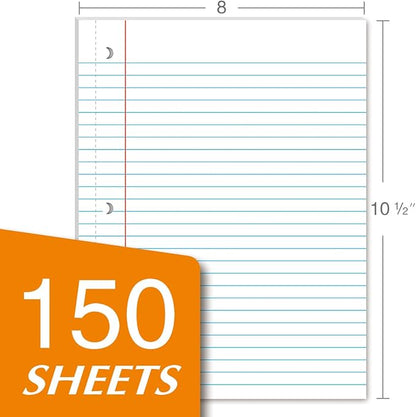 Kaisa loose Leaf Paper Filler Paper 150 Sheets 8"x10.5",Wide Ruled, 3-Hole Punched for 3-Ring Binders, Carton of 12pack