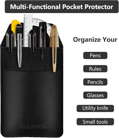 Pen Pocket Protector, 2 Pieces PU Leather Pocket Pen Holder Organizer Pouch for Shirts Lab Coats Pants Pen Sleeve - Multi-Purpose Pen Pocket Holds Pens Pointers Pencils and Notes Card - Black