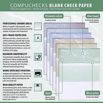 Compuchecks Blank Check Paper - 25 Pack - Computer Security Business Checks, QuickBooks & Laser Printer Compatible - Check On top, Voucher On Bottom - Check Paper Size 8 1/2-11 - Blue/Green Prismatic