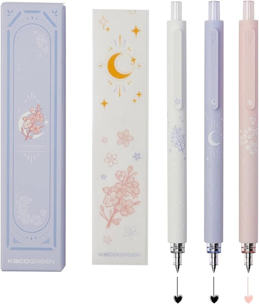 Kaco Gel Pens Cute Stationery 3 Pieces 0.5mm Fine Point, Quick Drying Pens for Journaling Aesthetic Office Supplies, 2 Black Ink and 1 Coral Ink