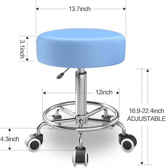 Rolling Stool, Heavy Weight Capacity 250lb, PU Leather Rolling stools, Ultra Soft Padded Seat, Rolling Stools with Wheels and Footrest, 360° Swivel, Spa Drawing Salon Work Office Tattoo Stool (blue)