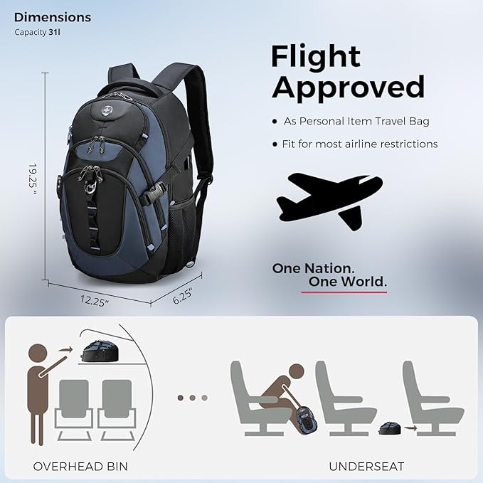 Swissdigital Design Large Business Laptop Backpack with Smart USB Charging Port Travel Backpack Fits 15.6 inches laptops (VECTOR SD803-16 Haze Blue/Black) One Nation One World