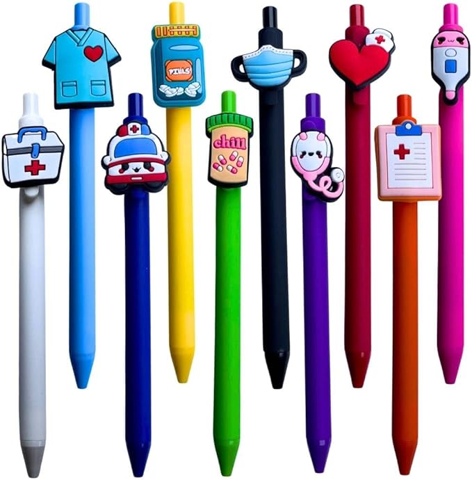 YJ PREMIUMS 10-Pack of Cute Nursing Pens with Heart, Syringe Designs in Black Ink - Versatile Writing Instruments for Nurses, Medical Assistants, Students