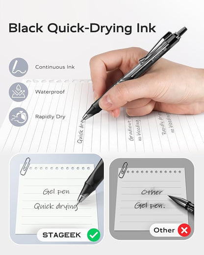 12 Pack Black Gel Pens, Quick Dry Black Ink Pens, 0.5mm Fine Point Retractable Smooth Writing Pens for Journaling, Writing, Business Gel Pen for Office School & Home Supplies(Black)