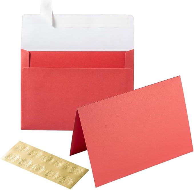 Wishop 50 Pack Shiny Self-Adhesive Envelopes with Shiny Fold Cards for Wedding Invitations, Greeting Cards, Baby Shower, Letter Mailing (Red, 5x7)
