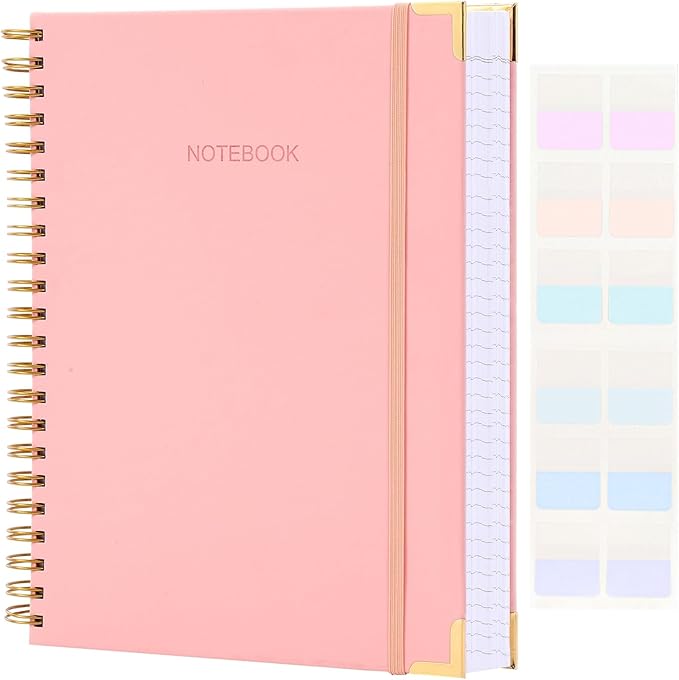 Spiral Notebook, Hardcover Leather Journal for Women Men, 300 Page Thick Notebooks College Ruled for Work, School, Note Taking, Writing Journals, Large A5 Notebook with Tabs Sticky, 5.7" x 8.5", Pink