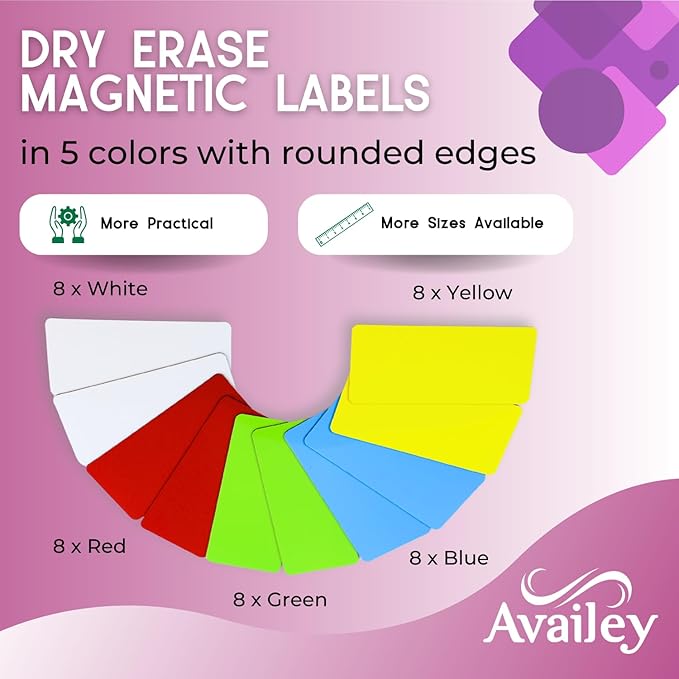 Availey 40 Pieces (4 x 1.8") - Full Colored Magnetic Dry Erase Labels - Reusable Strips for Classroom Home Office Garage Refrigerator Blank Writable Erasable Cards Name Tags Students Locker Shelf