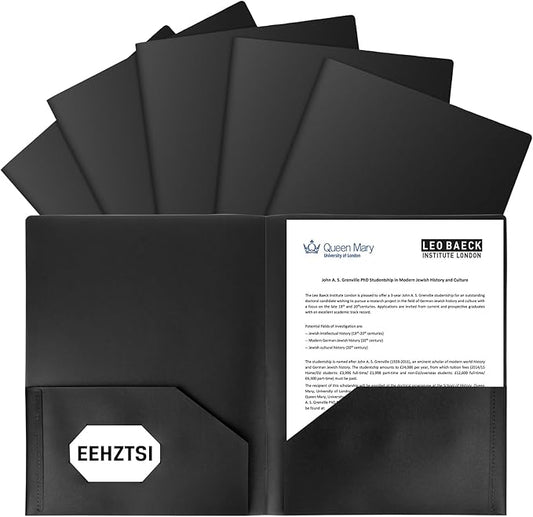 6-Pack Plastic Folders with Pockets,2-Pocket Poly Folders Holds 8-1/2" x 11" Paper for School/Office/Home, Black