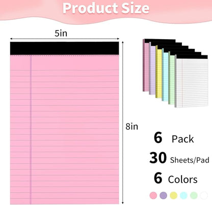 WINKIO Legal Pads 5" X 8", 6 Pack Colored Note Pads, College Ruled Yellow Lined Paper Pads, Letter & Legal Ruled Pads, 30 Sheets per Small Writing Pads 5x8 for School, Home, Office, Business