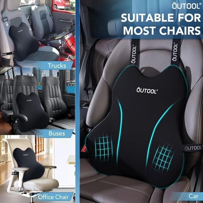 QUTOOL Lumbar Support Pillow for Car/Office Chair, Memory Foam Back Cushion for Car Seat, Back Pain Relief Adjustable Strap and Washable Cover, Lower Back Pillow Fits Most Cars, Trucks (Black)
