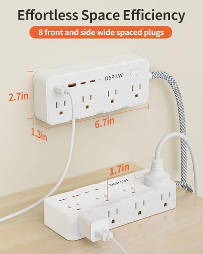 Power Strip Surge Protector, 5FT Braided Extension Cord with Multiple Outlets-8 AC Outlets 4 USB Ports (2 USB C), Flag Plug Charging Station, 1700 Joule Surge Protection for Home Office, White