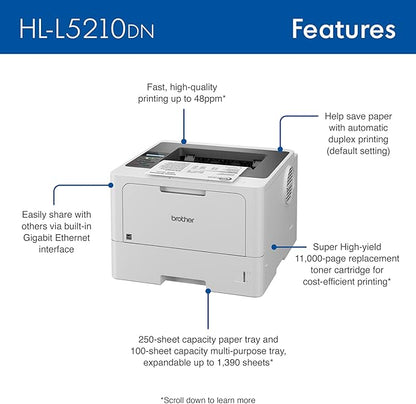 Brother HL-L5210DN Business Monochrome Laser Printer with Duplex Printing, Versatile Paper Handling, Mobile Printing, and Gigabit Ethernet Networking (Renewed Premium)
