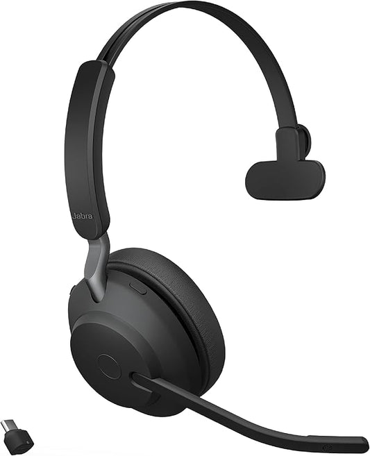 Jabra Evolve2 65 MS Wireless Headset with Link380c, Mono, Black – Wireless Bluetooth Headset for Calls and Music, 37 Hours of Battery Life, Passive Noise Cancelling Headphones