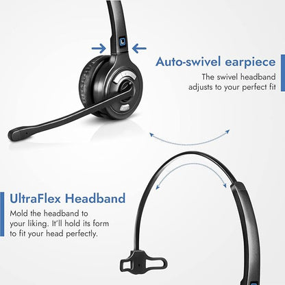 Leitner LH370 3-in-1 Wireless Office Headset with Mic – Computer, Telephone, and Cell Phone Headset – 5 Year Warranty – Single-Ear