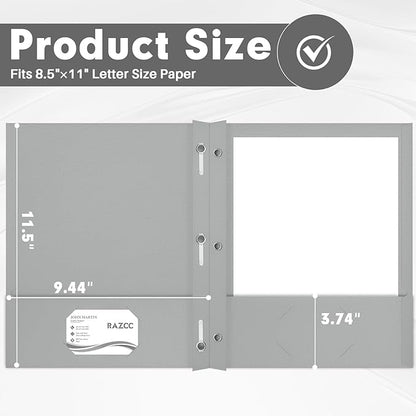 Two Pocket Folders, RAZCC 75 Pack Two Pocket Folders with Prongs, 3 Prong Folders Fit Letter Size Paper, Pocket File Folders for School Office Home Business, Grey