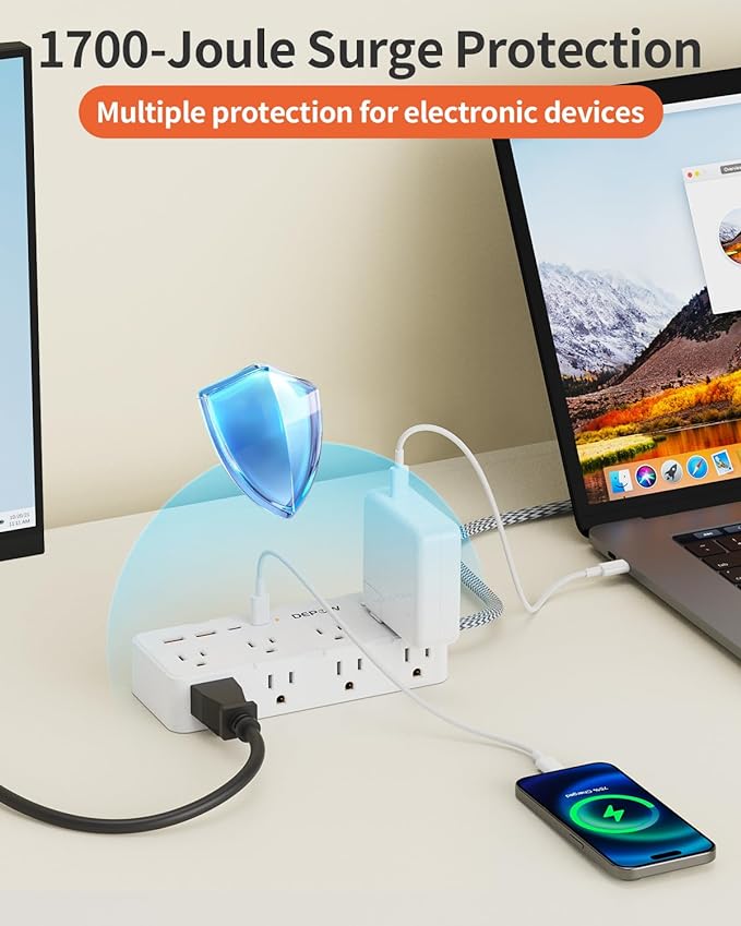 Power Strip Surge Protector, 5FT Braided Extension Cord with Multiple Outlets-8 AC Outlets 4 USB Ports (2 USB C), Flag Plug Charging Station, 1700 Joule Surge Protection for Home Office, White