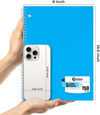 36 Pack Spiral Notebook, 5 Subject, Wide Ruled, 300 Pages/Book (150 Sheets), 8 x 10-1/2", Bulk School & Office Spiral Notebooks, Sturdy Spiral Journal Notebook, Soft Cover, Assorted Colors