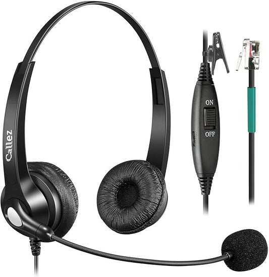 Callez RJ9 Telephone Headset Dual for Polycom Phone with Noise Cancelling Mic & Corded Office Phone Headset Compatible with Polycom Avaya Plantronics Mitel ShoreTel Digium Nortel Landline Phones