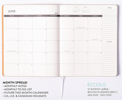 Eccolo 2025 Large Agenda Planner, 12 Month, Yearly, Monthly & Weekly Pages, Habit & Gratitude Tracker (Linen Flexi-cover - 8 x 10")