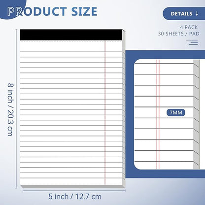 5" x 8" Note Pads 4 Pack of Legal Pads 21lb Notepad College Ruled Legal Pad 30 Sheets Perforated Small Writing Pads Double-Side Printed Pad of Paper for School, College, Office