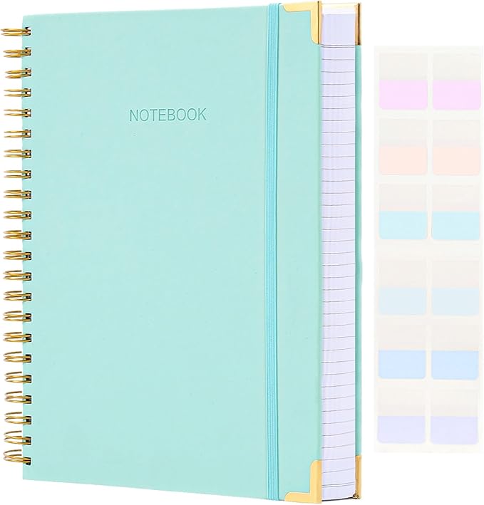 Spiral Notebook, Hardcover Leather Journal for Women Men, 300 Page Thick Notebooks College Ruled for Work, School, Note Taking, Writing Journals, Large A5 Notebook with Tabs Sticky, 5.7" x 8.5", Teal