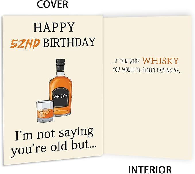 Funny 52nd Birthday Card, Unique 52nd Birthday Decorations for Men Women, Funny 52nd Birthday Gifts for Him Her, Whiskey 52 Year Old Bday Card Gifts for Husband Wife