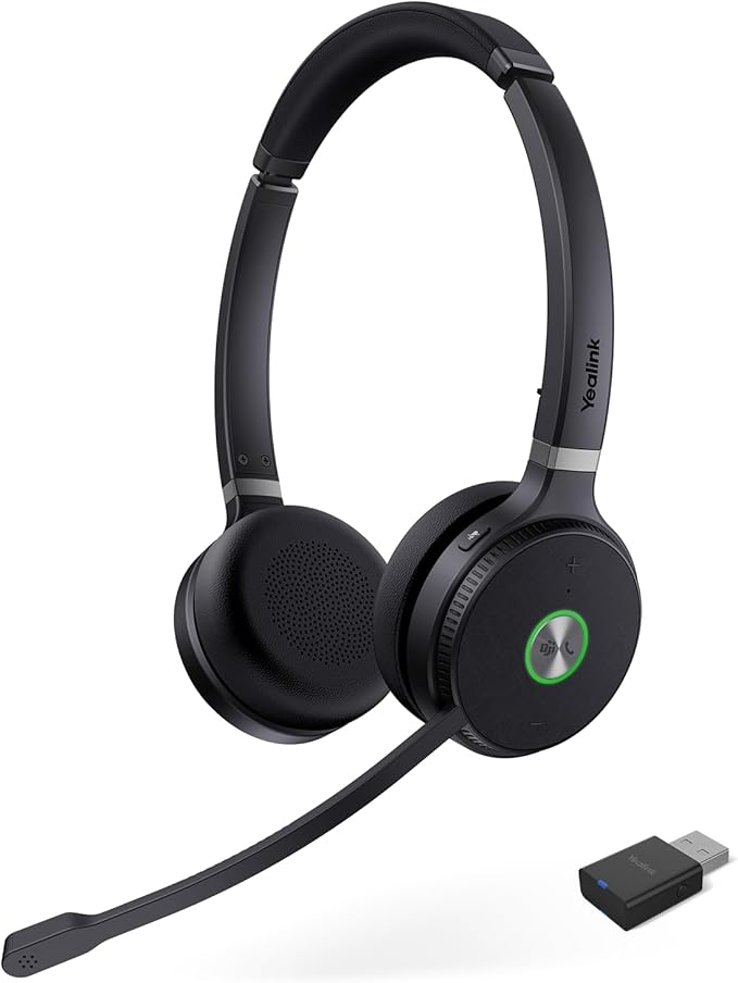 Yealink WH62 Portable Wireless Headset with DECT Dongle, Headset for Teams, Zoom Skype Certified, Office Work Headset with 2X Noise Cancelling Mic, 13 Call Time, 393 ft Range for Computer, Desk Phone