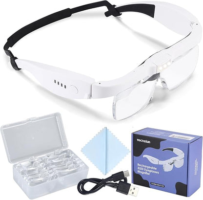 YOCTOSUN Head Magnifier Glasses with 3 LED Lights and Detachable Lenses 0.75X, 1.25X,2.0X, 3.0X and 4.0X, USB Charging Eyeglasses Magnifier, Magnifying Glasses with Light for Close Work Hobby Crafts