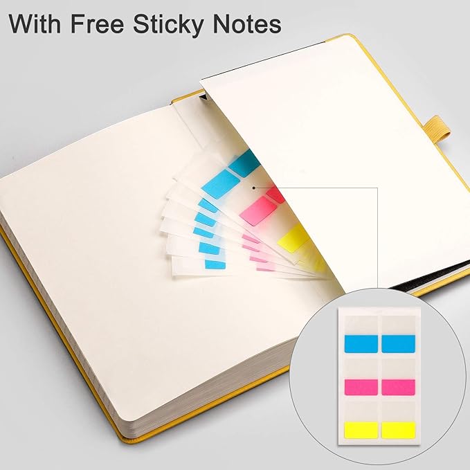EMSHOI Lined Journal Notebook - 120gsm Thick Leather Journal with Sticky Notes, 256 Numbered Pages A5 Hardcover College Ruled Notebook for Women Men Work School Writing, Medium 5.75" x 8.38"-Yellow