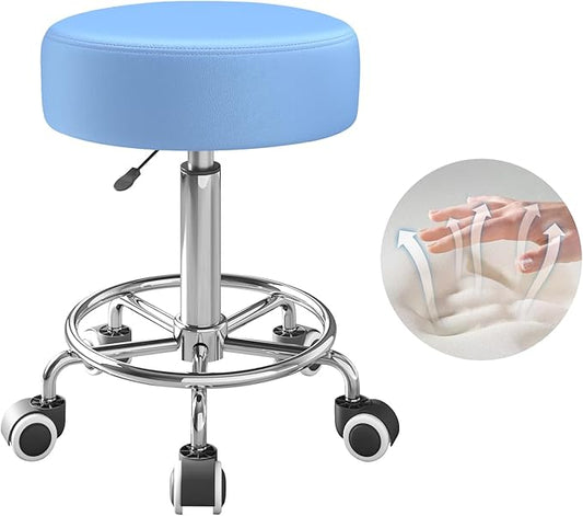 Rolling Stool, Heavy Weight Capacity 250lb, PU Leather Rolling stools, Ultra Soft Padded Seat, Rolling Stools with Wheels and Footrest, 360° Swivel, Spa Drawing Salon Work Office Tattoo Stool (blue)